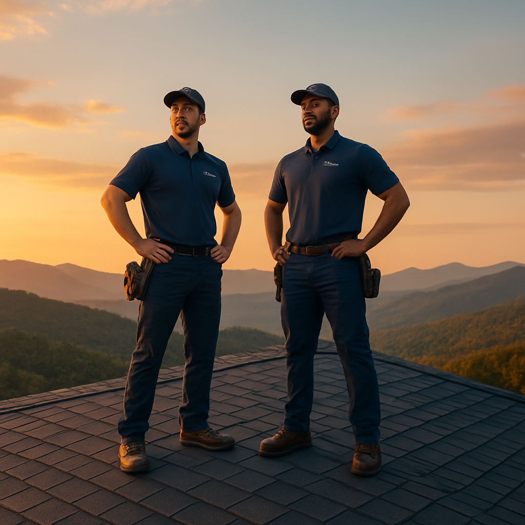 Storm Ridge crew on a completed East Tennessee roof at golden hour